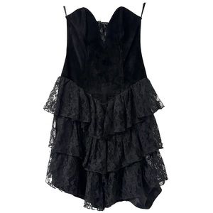 SIMPLY RED‎ Vintage Black Witchcore Suade Lace Bustier Cocktail 80s Dress Size S
